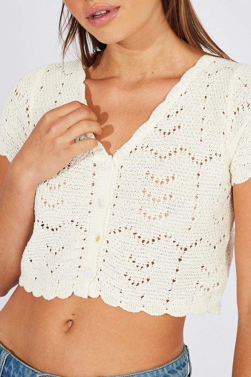 White Crochet Knit Cardigan Short Sleeve for Ally Fashion