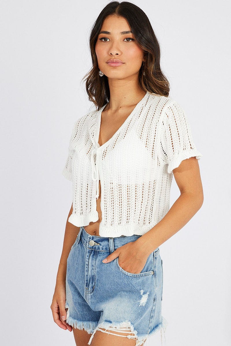 White Tie Up Cardigan Short Sleeve for Ally Fashion