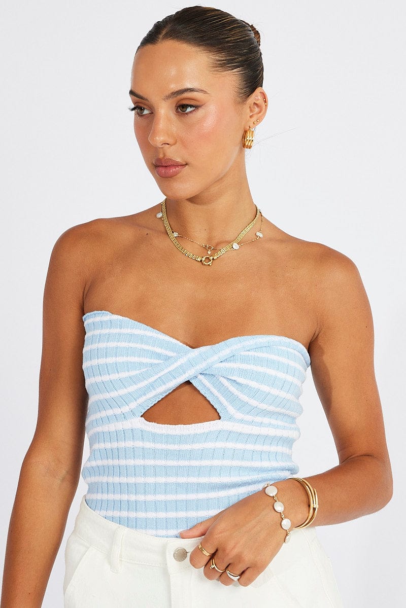 Blue Stripe Crochet Knit Top Bandeau for Ally Fashion