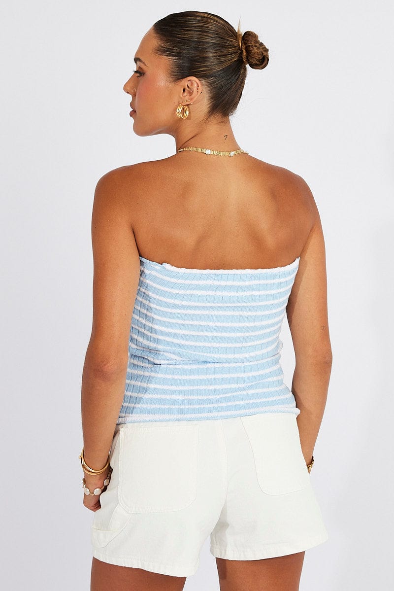 Blue Stripe Crochet Knit Top Bandeau for Ally Fashion