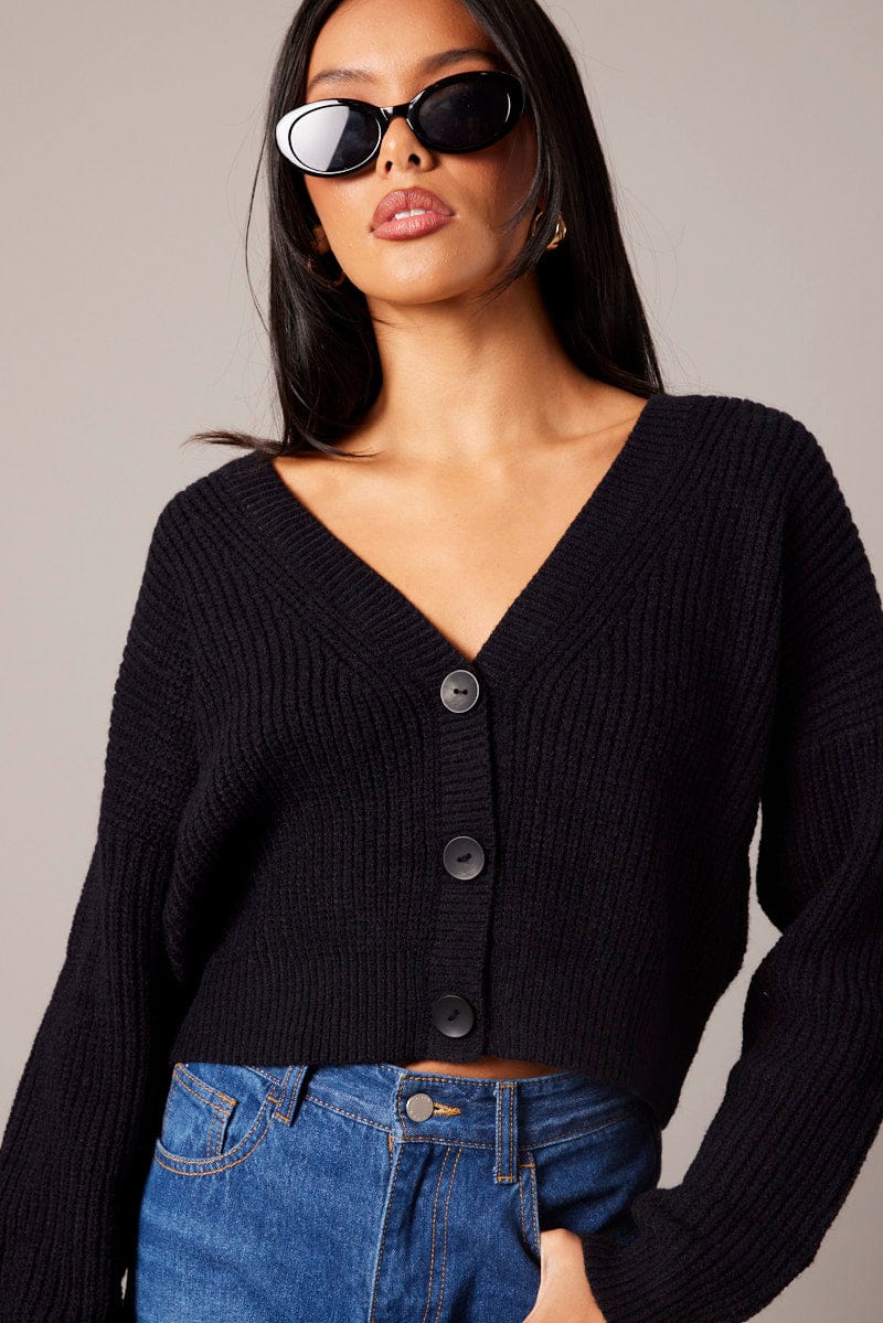 Black Knit Cardigan Long Sleeve V Neck Button Up for Ally Fashion