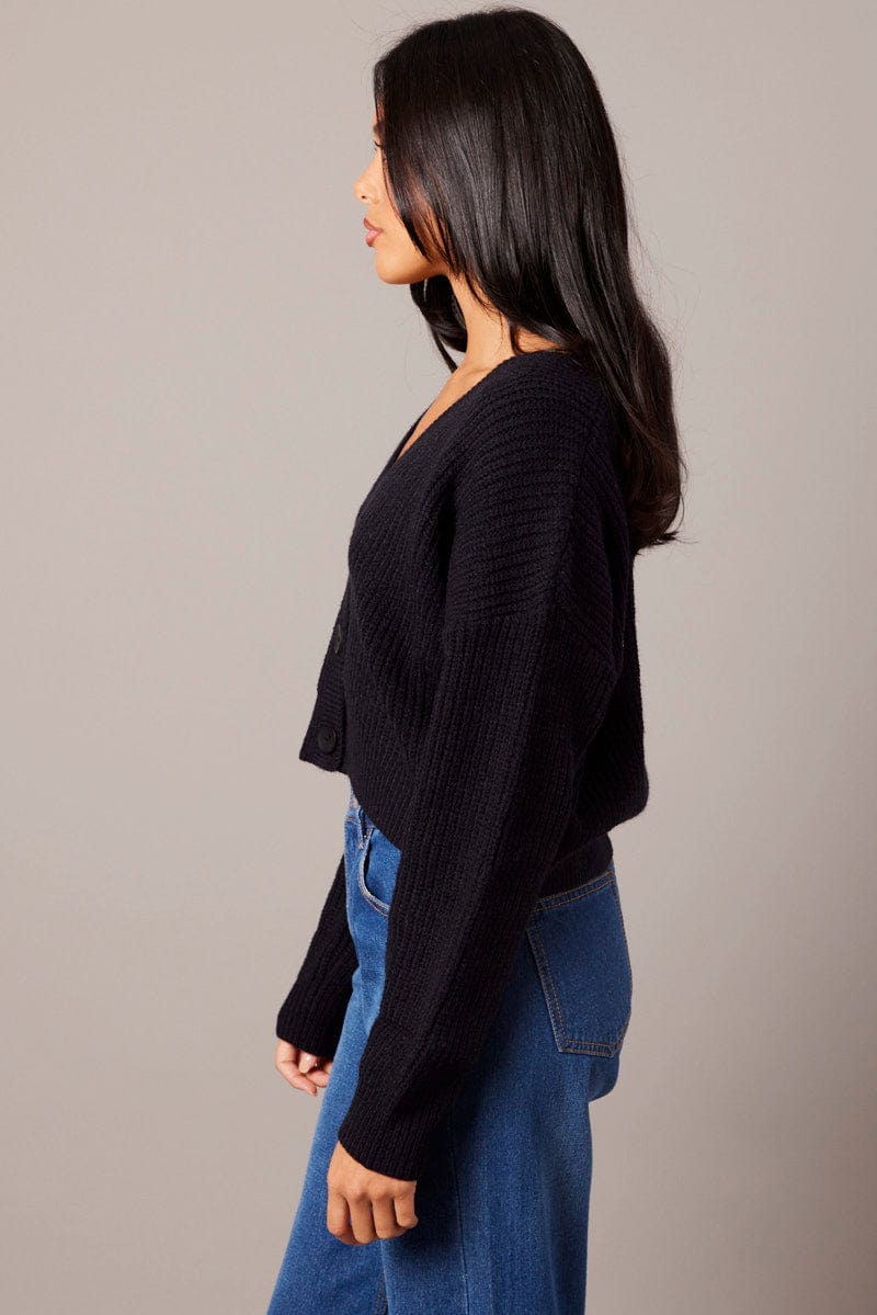 Black Knit Cardigan Long Sleeve V Neck Button Up for Ally Fashion
