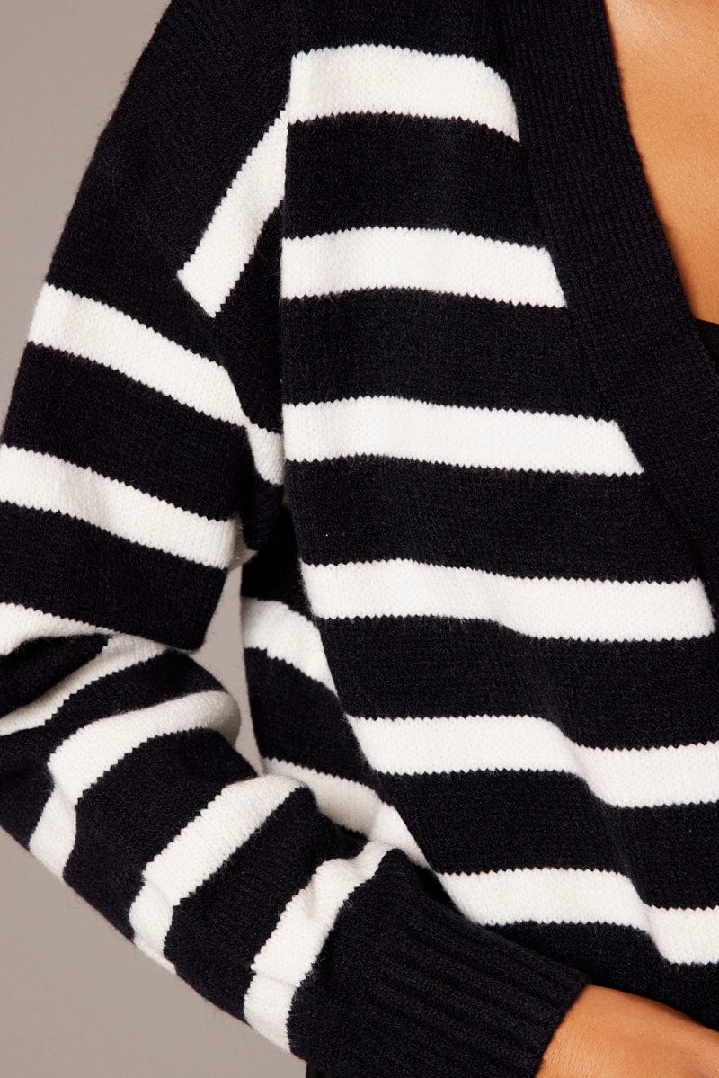 White Stripe Cardigan Long Sleeve V Neck Oversized Fit for Ally Fashion
