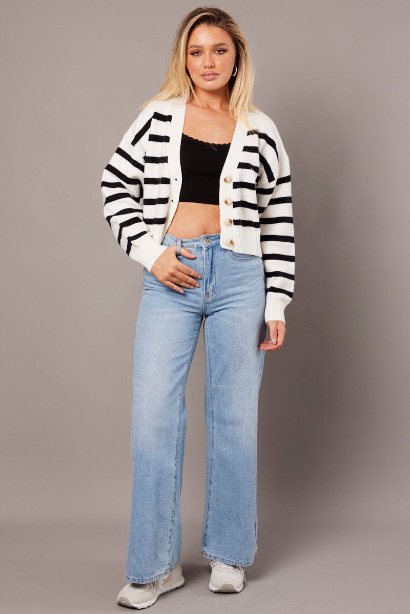 Black Stripe Knit Cardigan Long Sleeve V Neck Oversized Fit for Ally Fashion