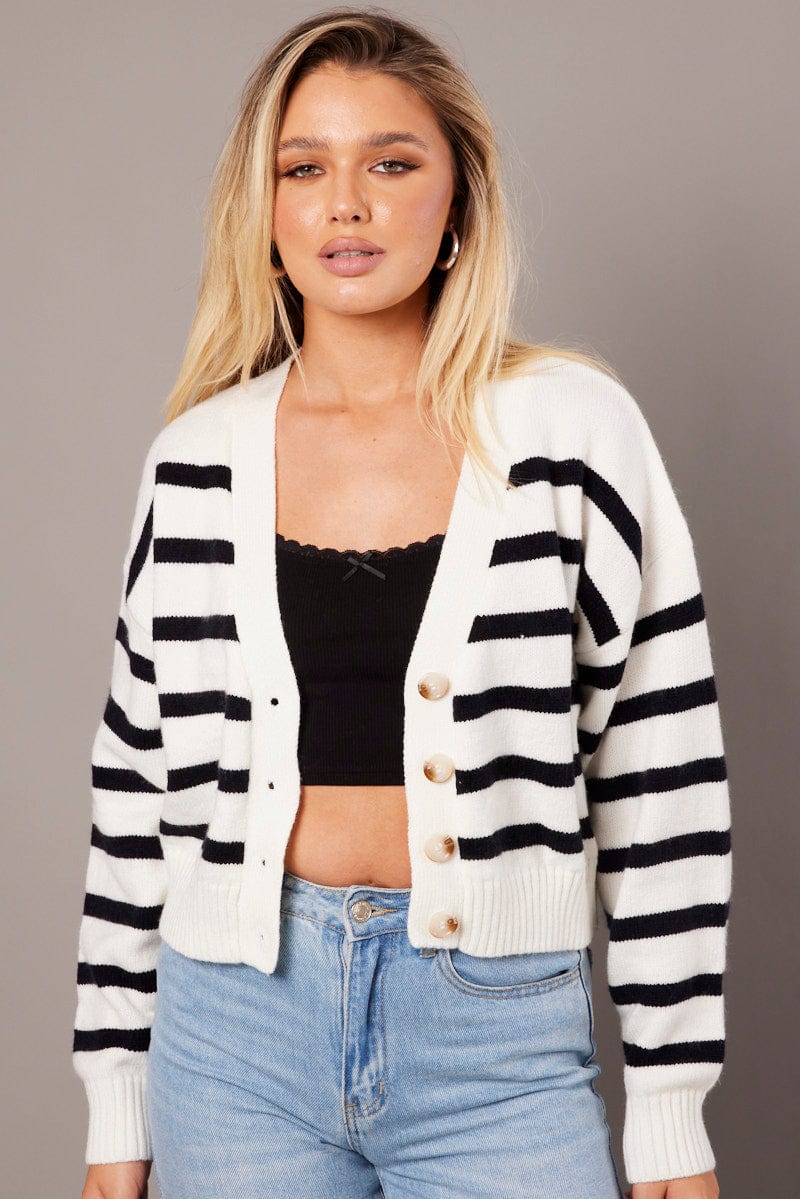 Black Stripe Knit Cardigan Long Sleeve V Neck Oversized Fit for Ally Fashion