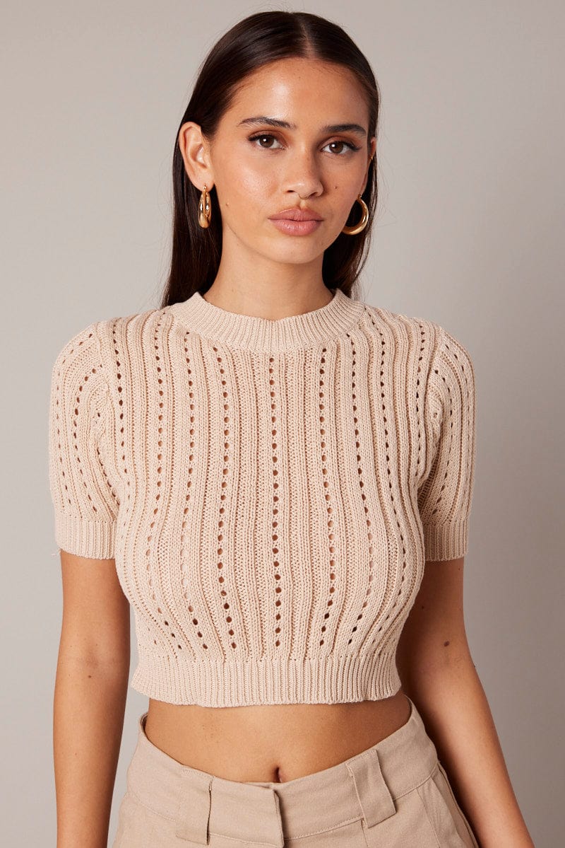 Beige Knit Top Crew Neck Short Sleeves Cropped for Ally Fashion
