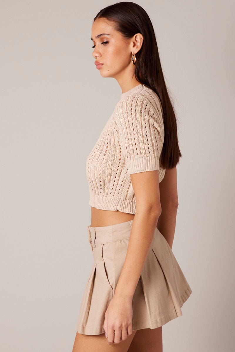 Beige Knit Top Crew Neck Short Sleeves Cropped for Ally Fashion