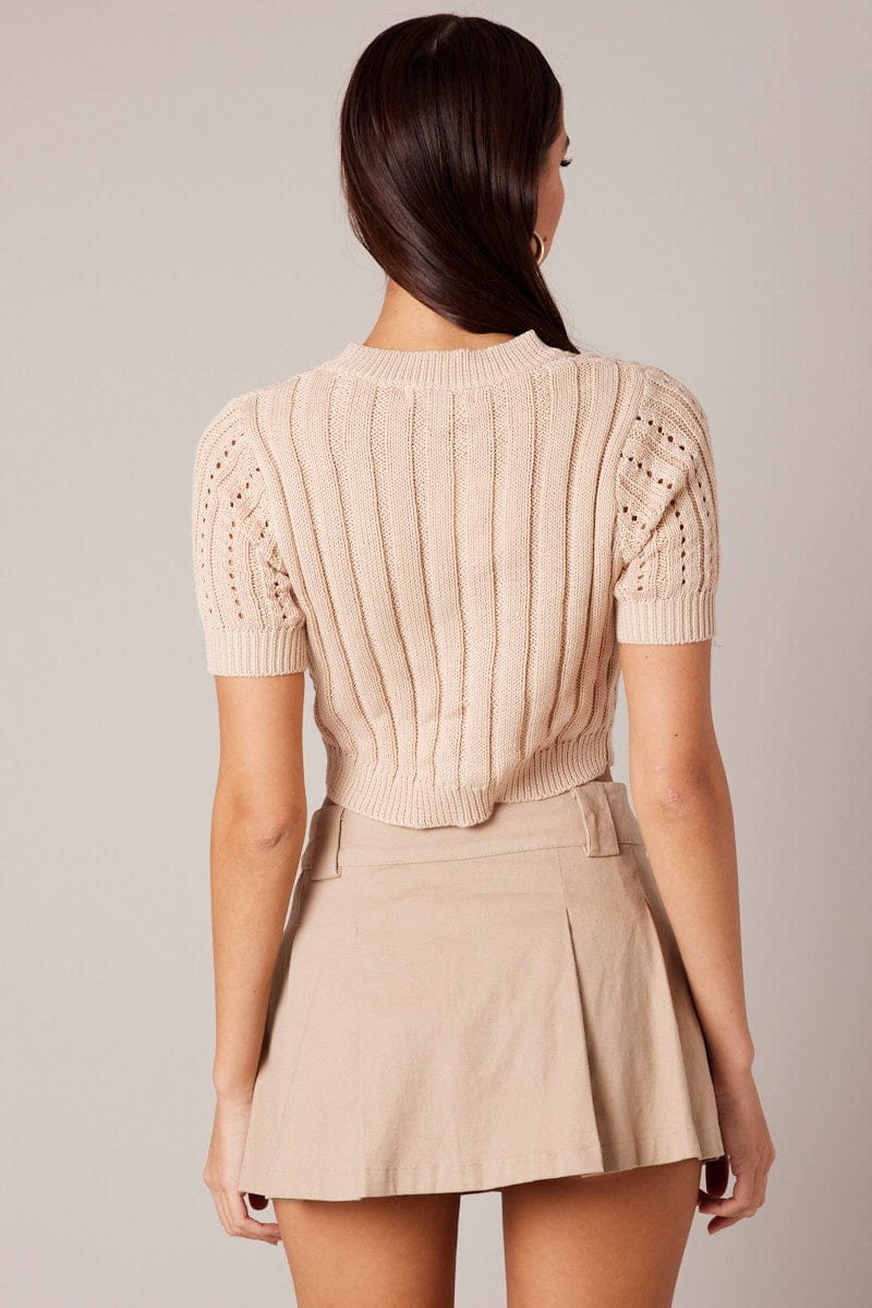 Beige Knit Top Crew Neck Short Sleeves Cropped for Ally Fashion