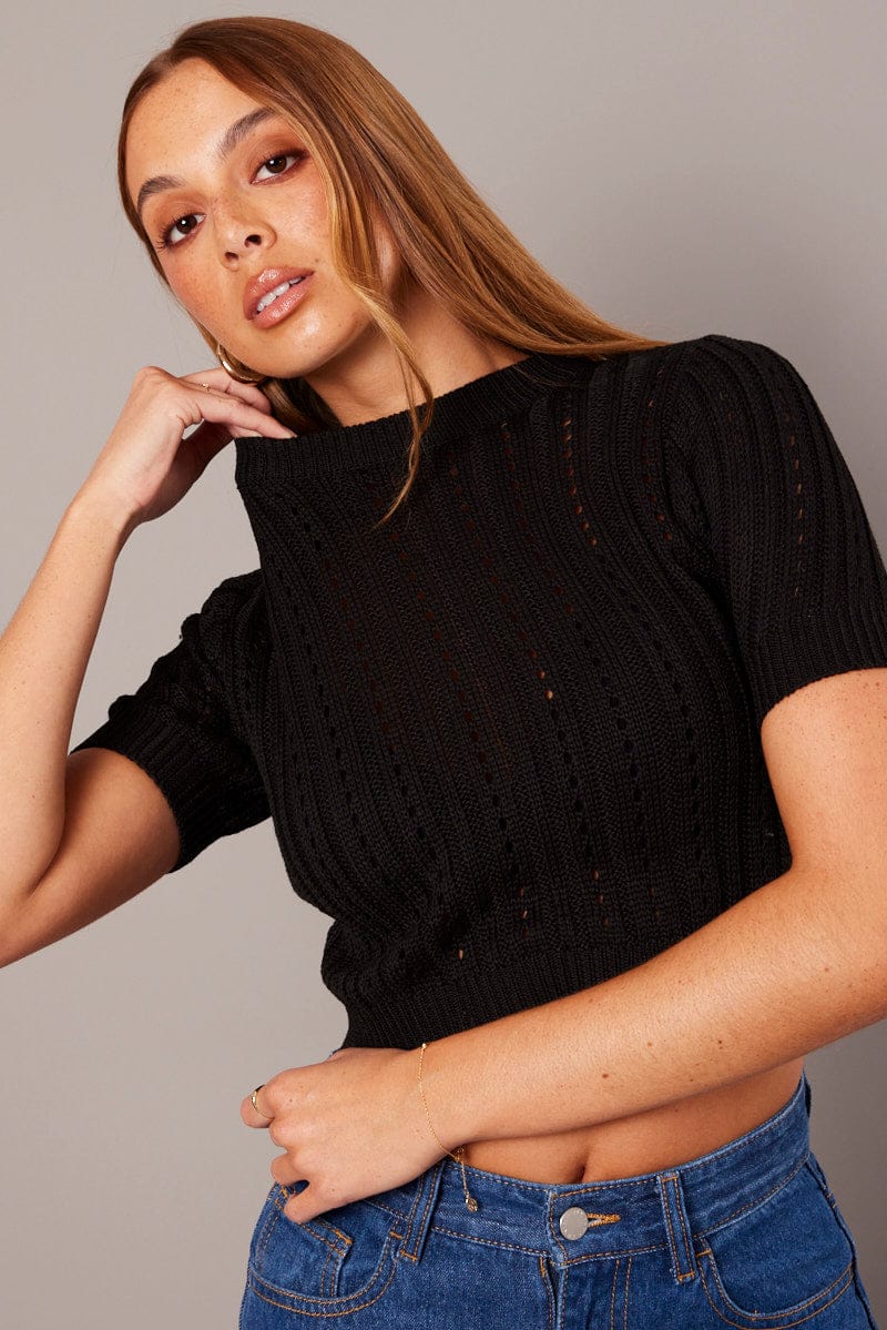 Black Knit Top Crew Neck Short Sleeves Cropped for Ally Fashion