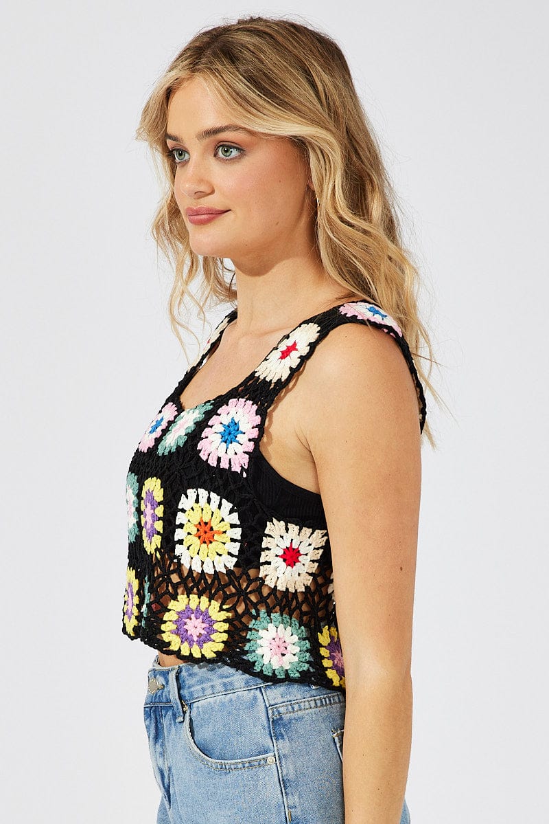 Black Floral Crochet Top Crop Square Neck for Ally Fashion
