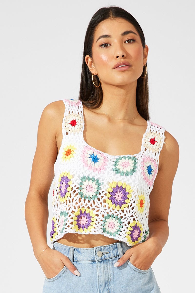 White Floral Crochet Top Crop Square Neck for Ally Fashion