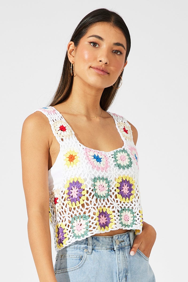 White Floral Crochet Top Crop Square Neck for Ally Fashion