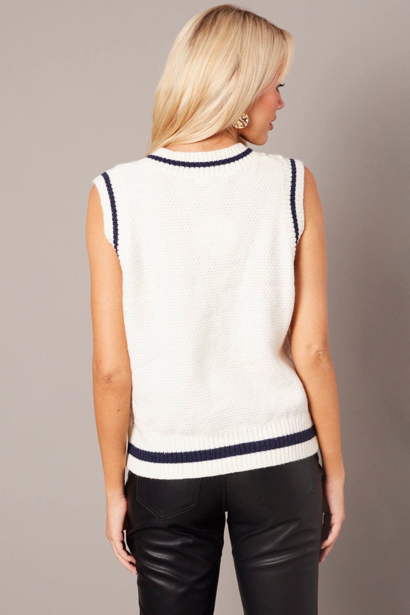 White Knit Vest Sleeveless V Neck Cable for Ally Fashion