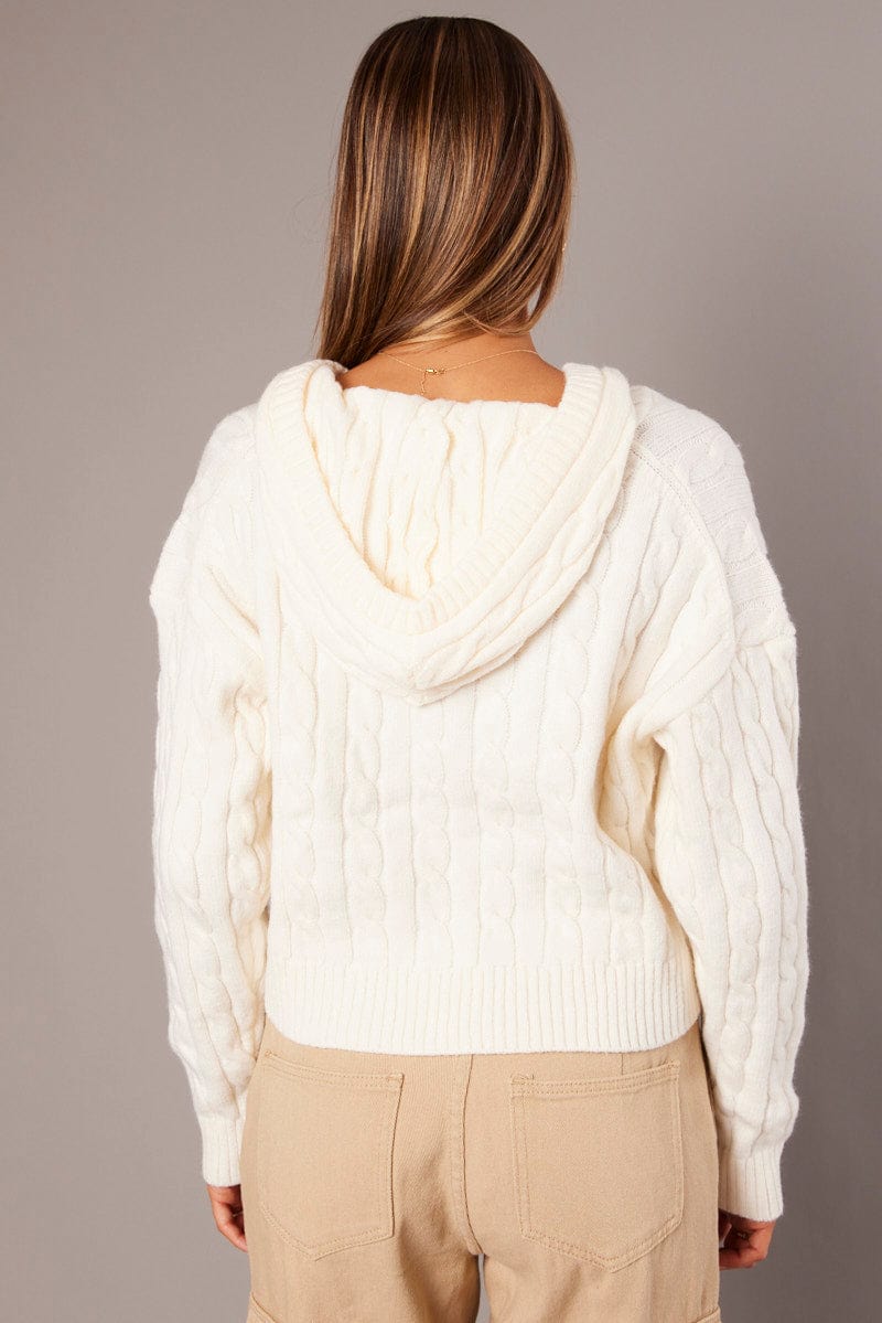 White Hooded Cardigan Long Sleeve Cable Knit Zip Up for Ally Fashion