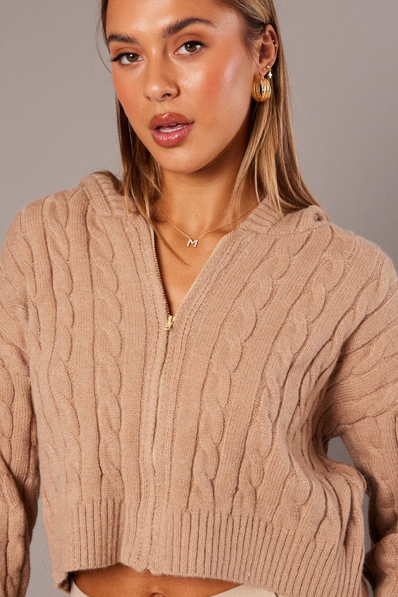 Beige Hooded Cardigan Long Sleeve Cable Knit Zip Up for Ally Fashion
