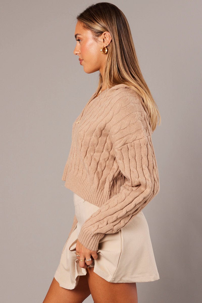 Beige Hooded Cardigan Long Sleeve Cable Knit Zip Up for Ally Fashion