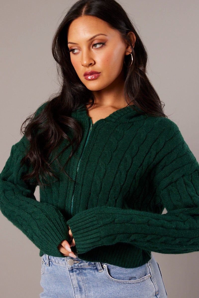 Green Hooded Cardigan Long Sleeve Cable Knit Zip Up for Ally Fashion