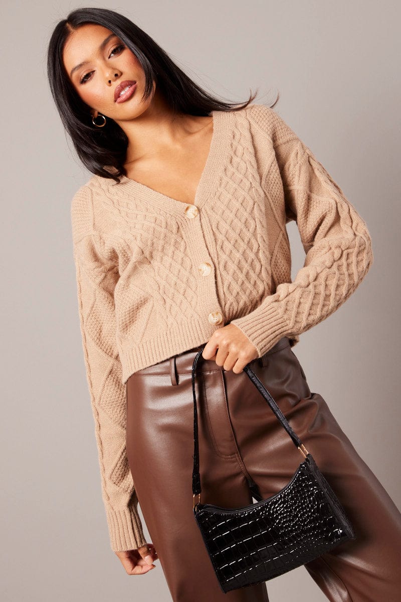 Beige Cable Knit Cardigan Long Sleeve V Neck for Ally Fashion