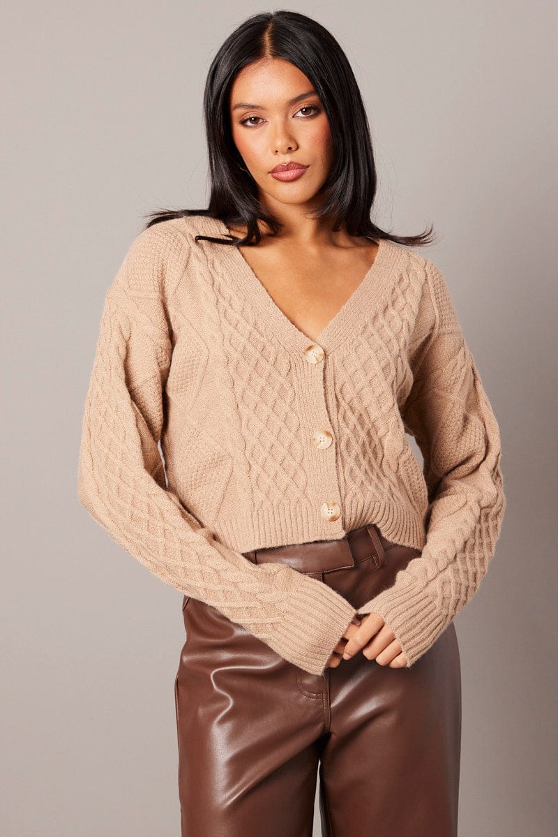 Beige Cable Knit Cardigan Long Sleeve V Neck for Ally Fashion