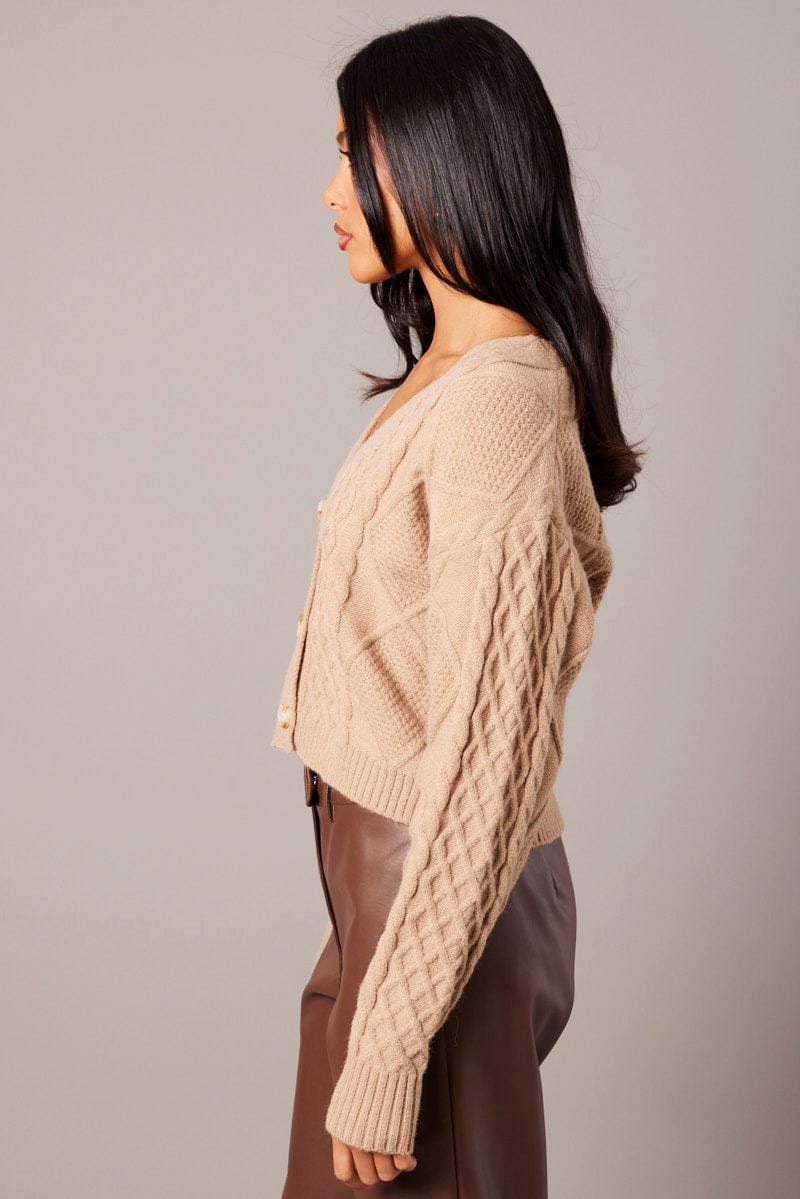 Beige Cable Knit Cardigan Long Sleeve V Neck for Ally Fashion