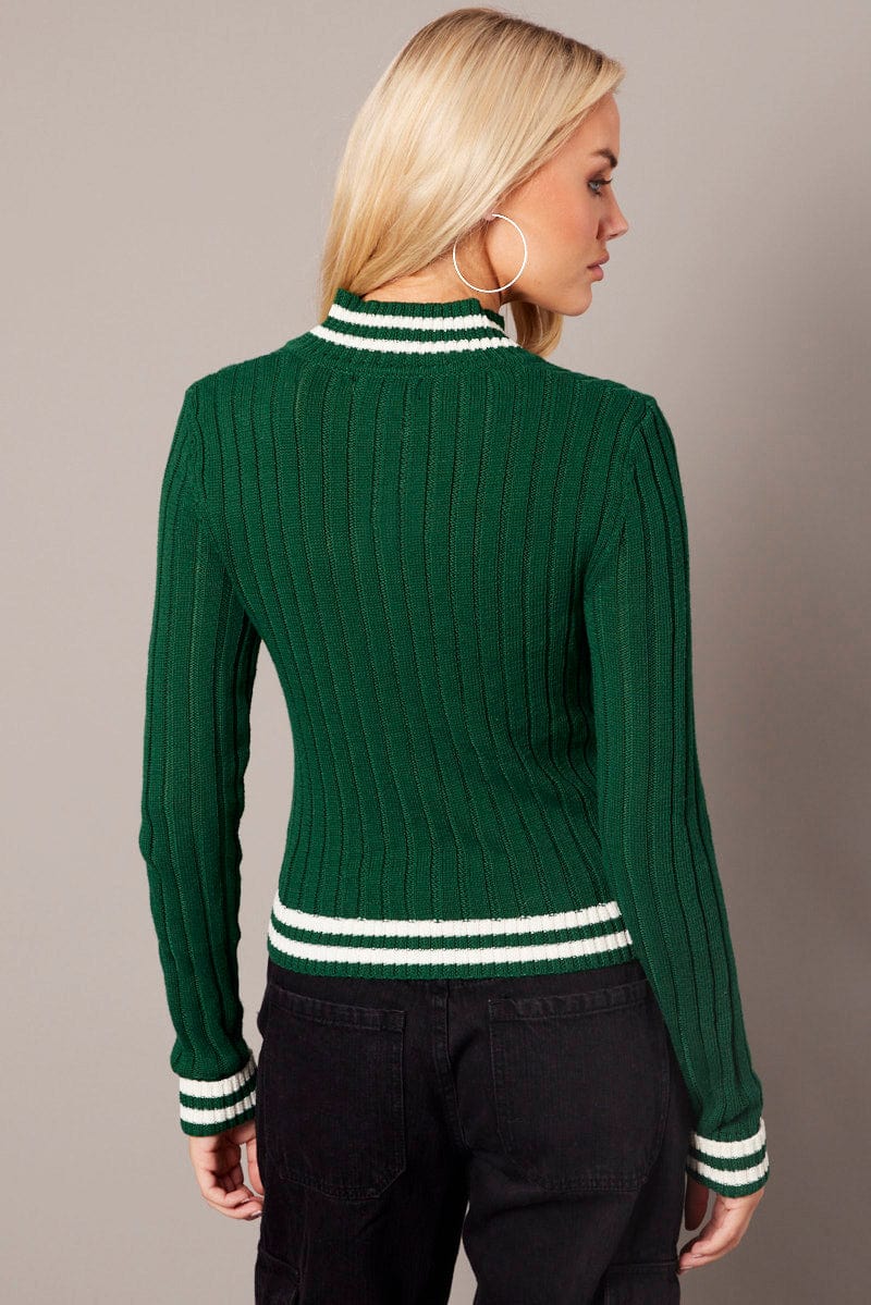 Green Zip Up Cardigan Long Sleeve Mock Neck Stripe Trim for Ally Fashion