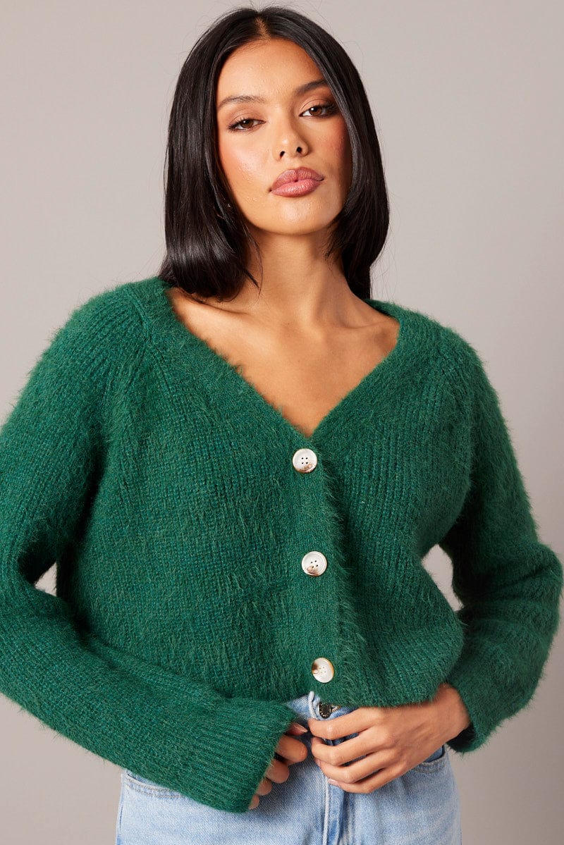 Green Fluffy Knit Cardigan V Neck for Ally Fashion