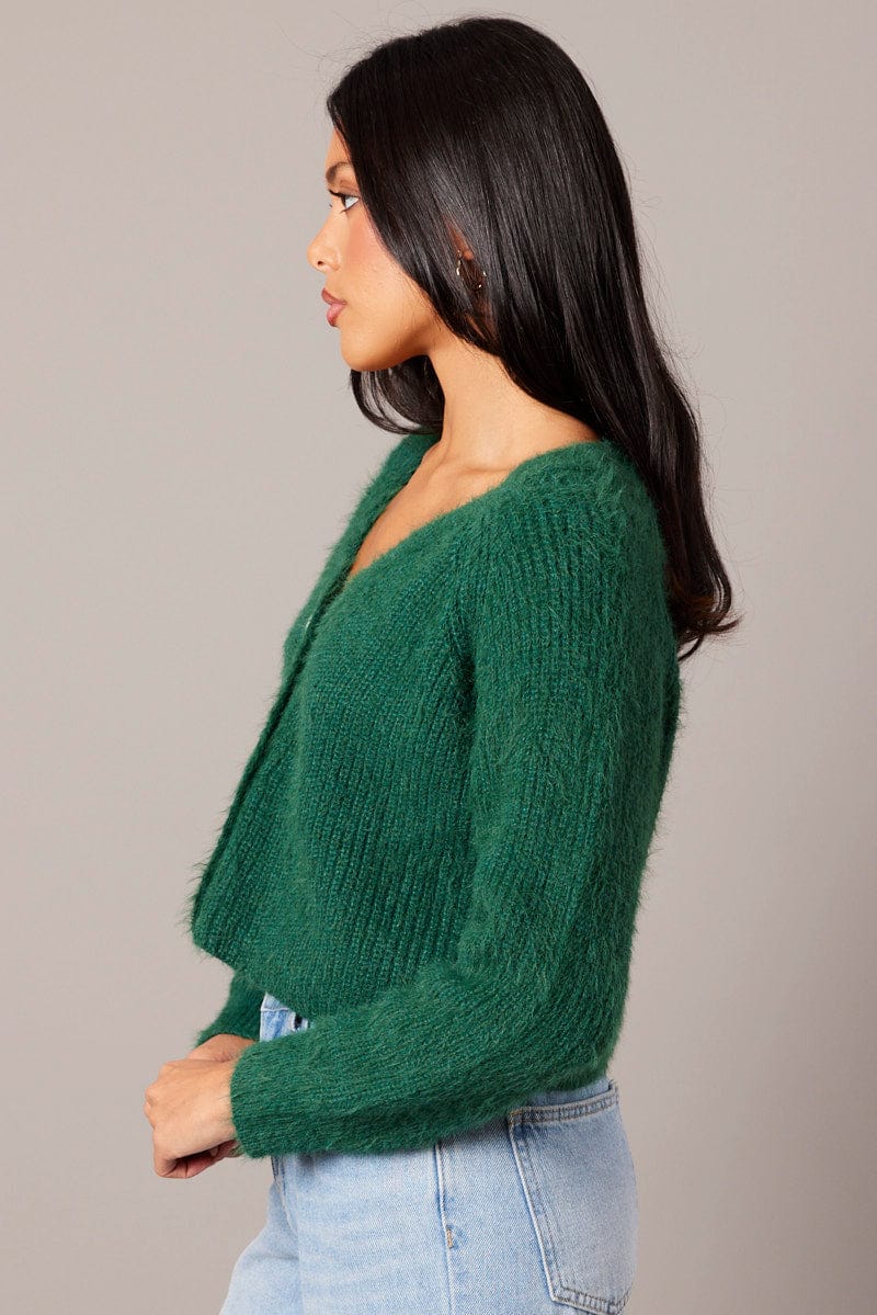 Green Fluffy Knit Cardigan V Neck for Ally Fashion