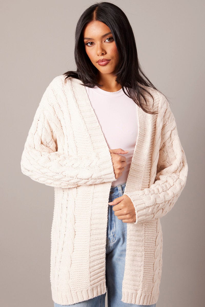 Beige Cable Knit Cardigan Longline for Ally Fashion