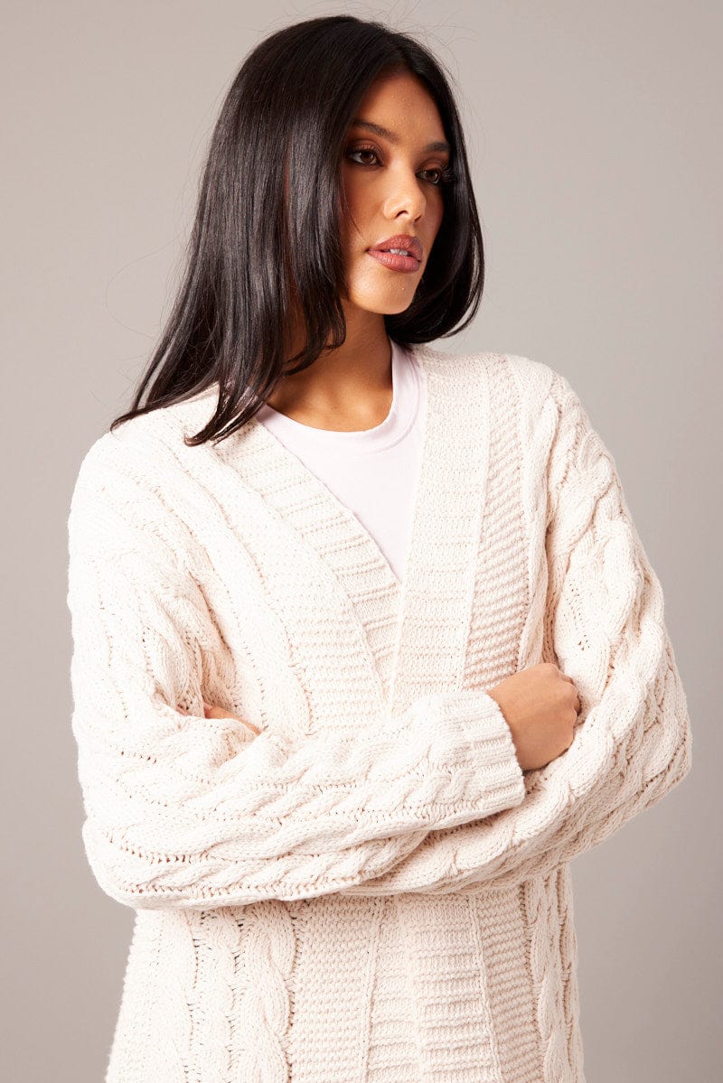 Beige Cable Knit Cardigan Longline for Ally Fashion