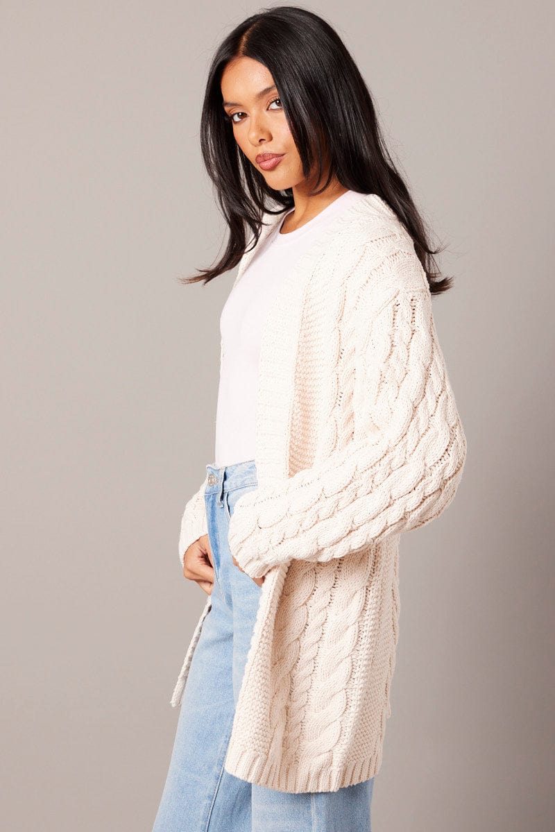 Beige Cable Knit Cardigan Longline for Ally Fashion