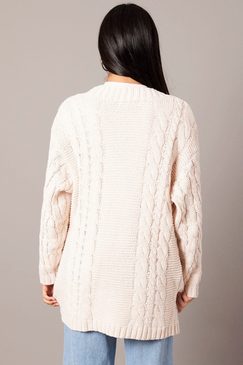 Beige Cable Knit Cardigan Longline for Ally Fashion