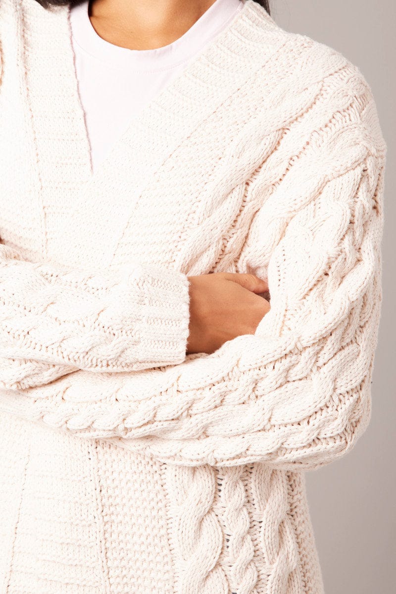 Beige Cable Knit Cardigan Longline for Ally Fashion