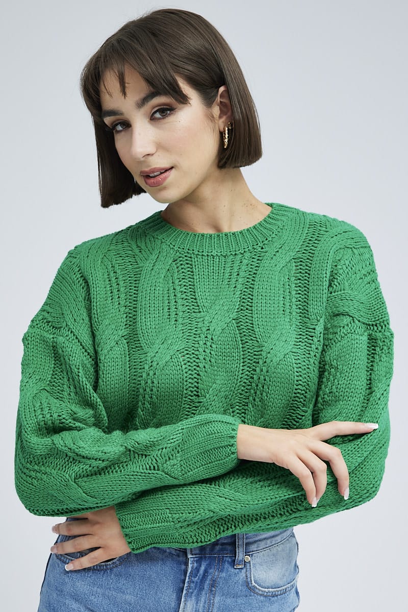 Green Cable Knit Jumper Long Sleeve | Ally Fashion