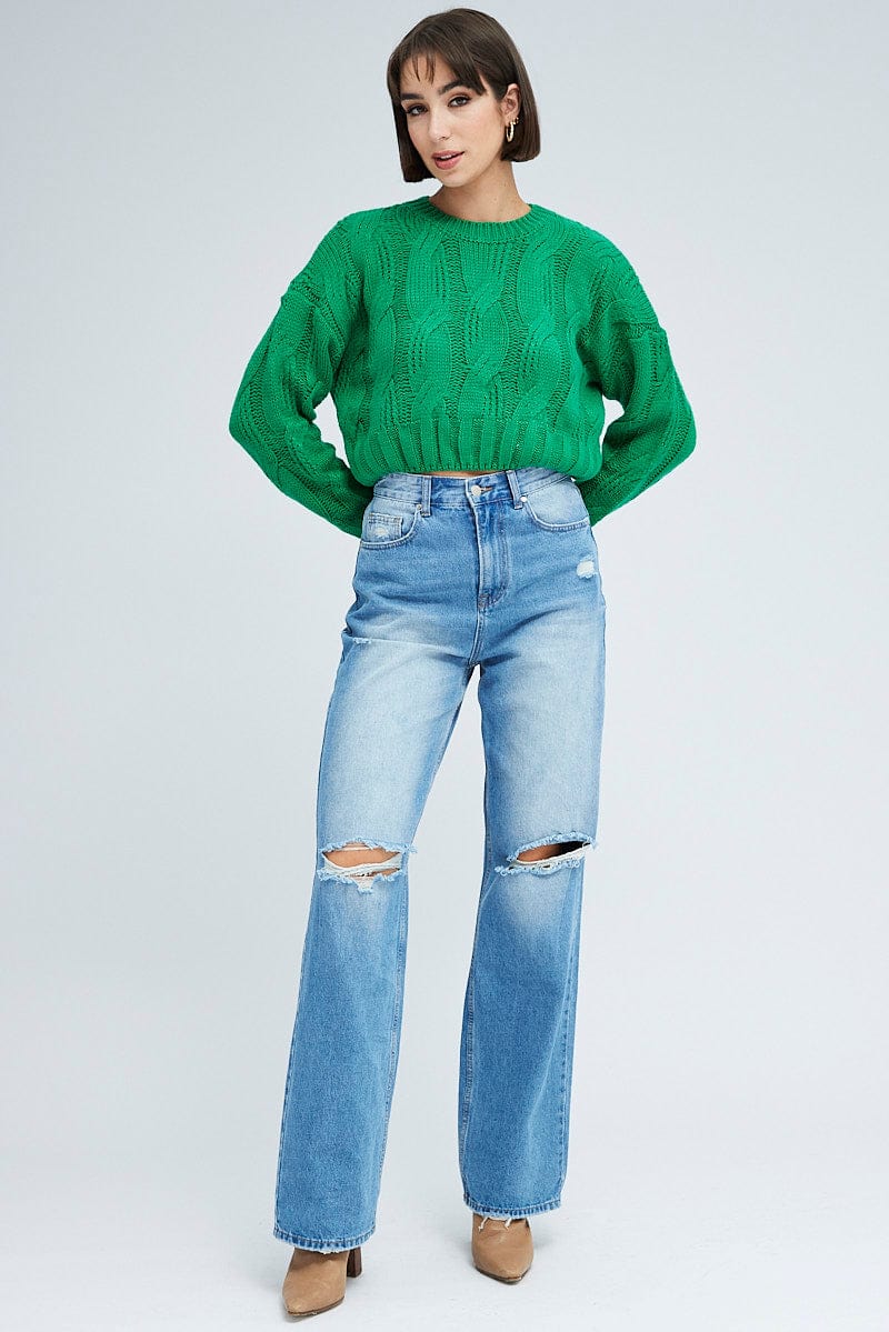 Green Cable Knit Jumper Long Sleeve for Ally Fashion