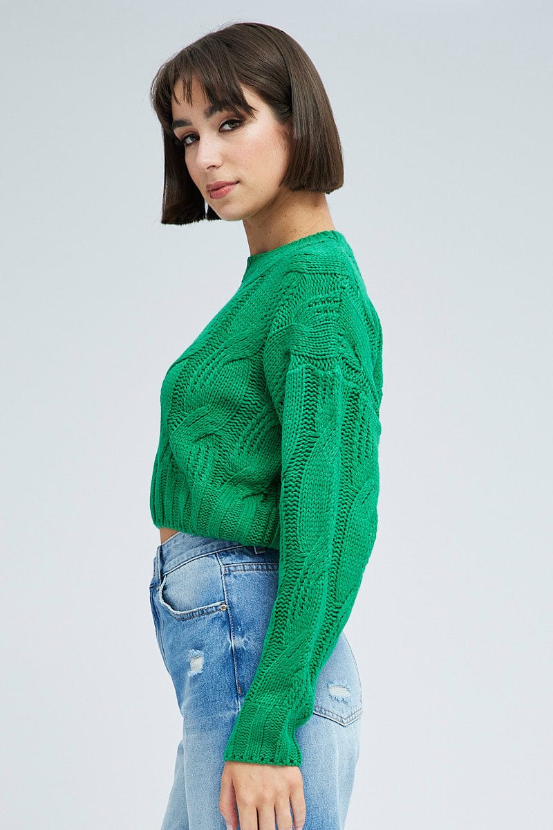 Green Cable Knit Jumper Long Sleeve Ally Fashion