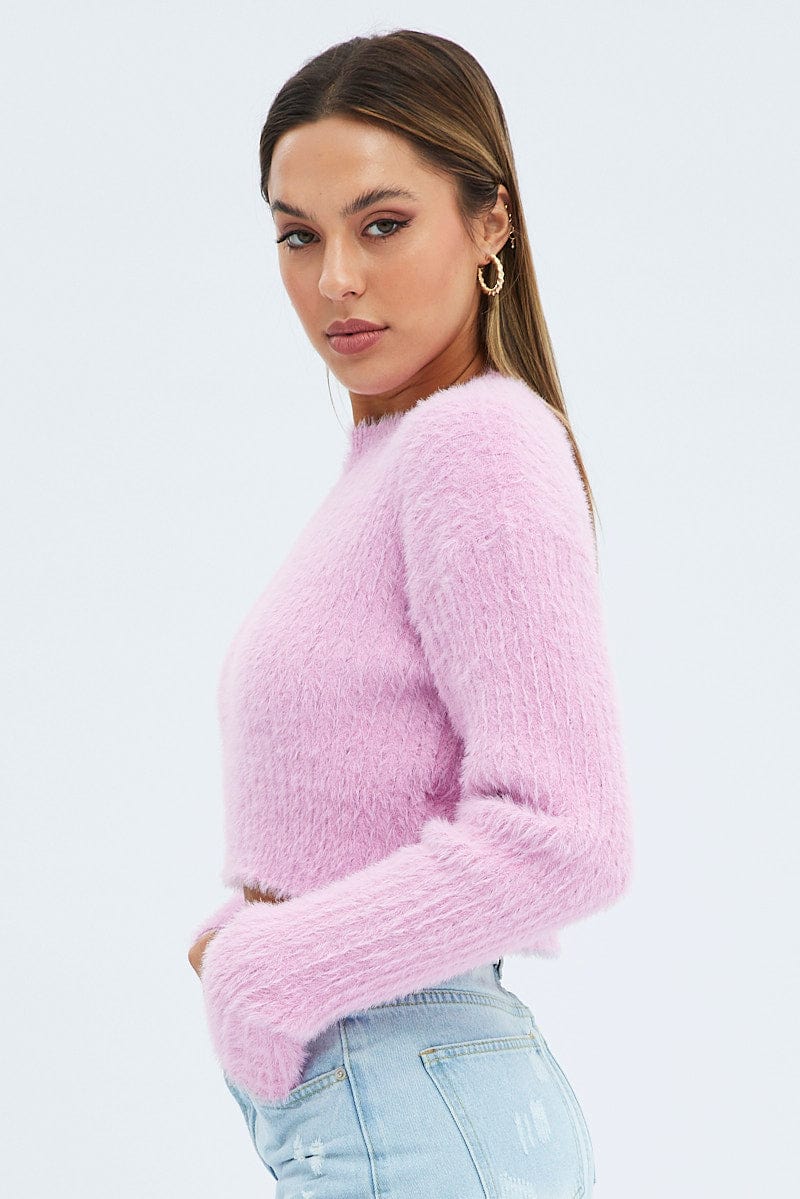 Pink Fluffy Knit Long Sleeve Crop | Ally Fashion