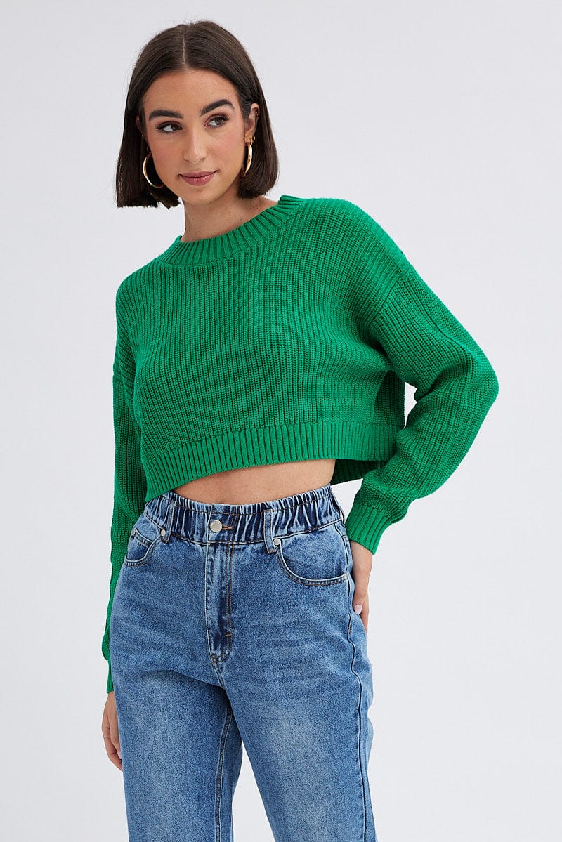 Green Knit Jumper Long Sleeve Cotton for Ally Fashion