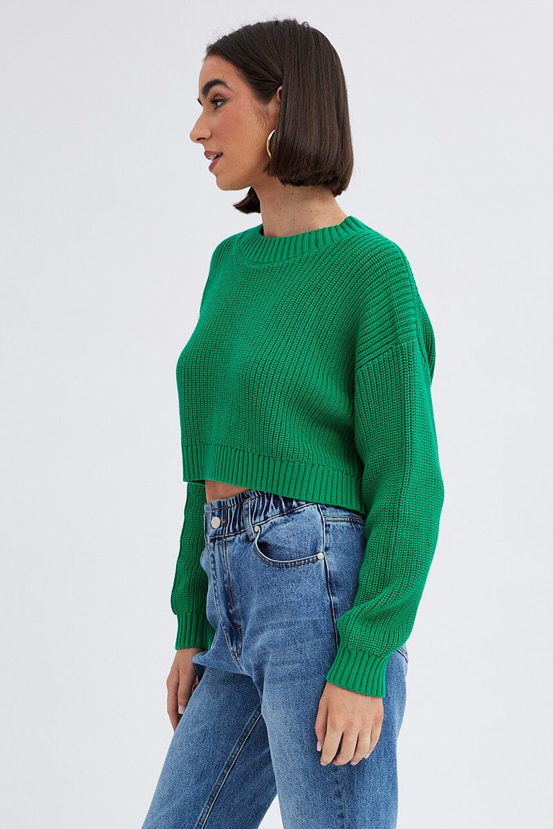 Green Knit Jumper Long Sleeve Cotton for Ally Fashion