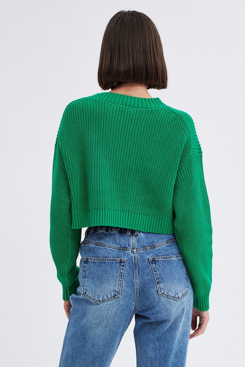 Green Knit Jumper Long Sleeve Cotton for Ally Fashion