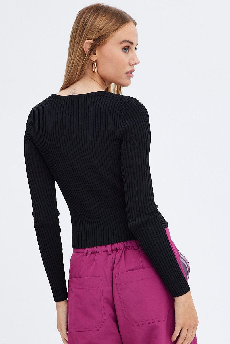 Black Knit Top Cut Out Long Sleeve Ribbed for Ally Fashion