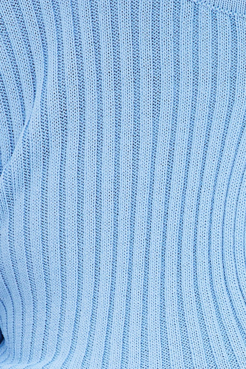 Blue Knit Top Cut Out Long Sleeve Ribbed for Ally Fashion