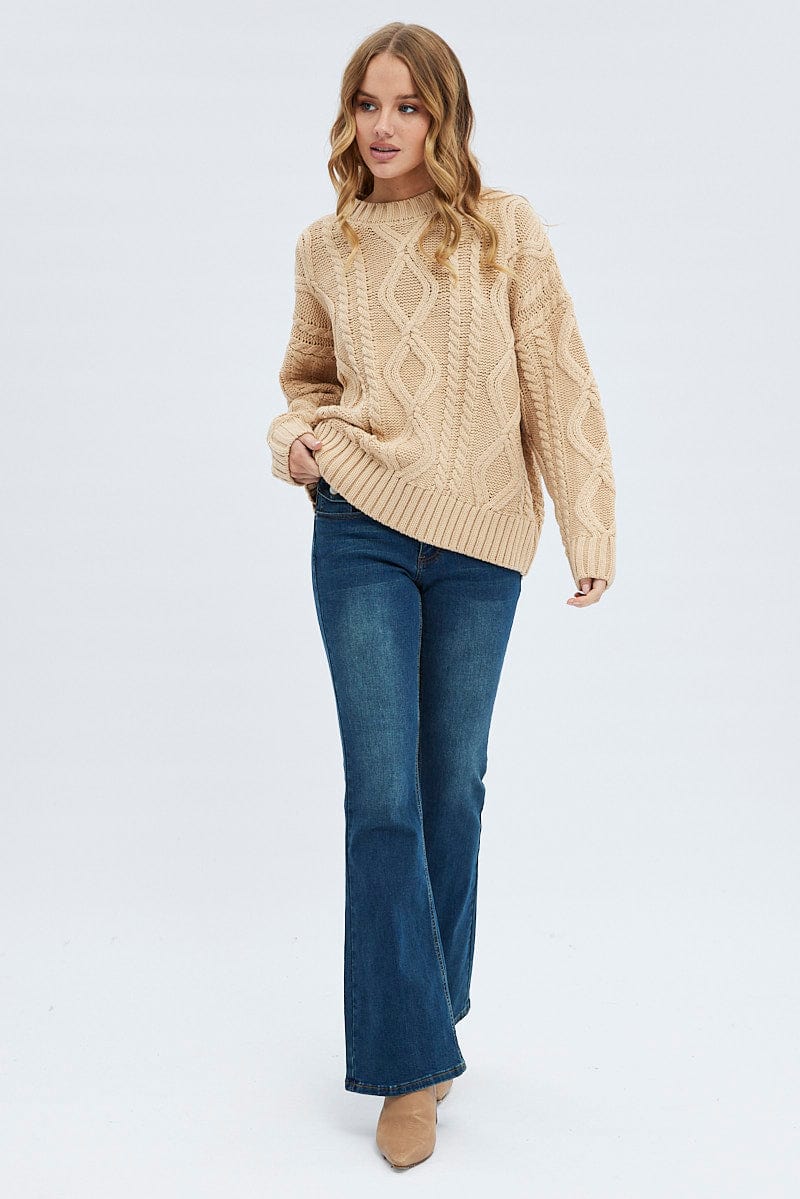 Camel Oversized Knit Long Sleeve Cable for Ally Fashion