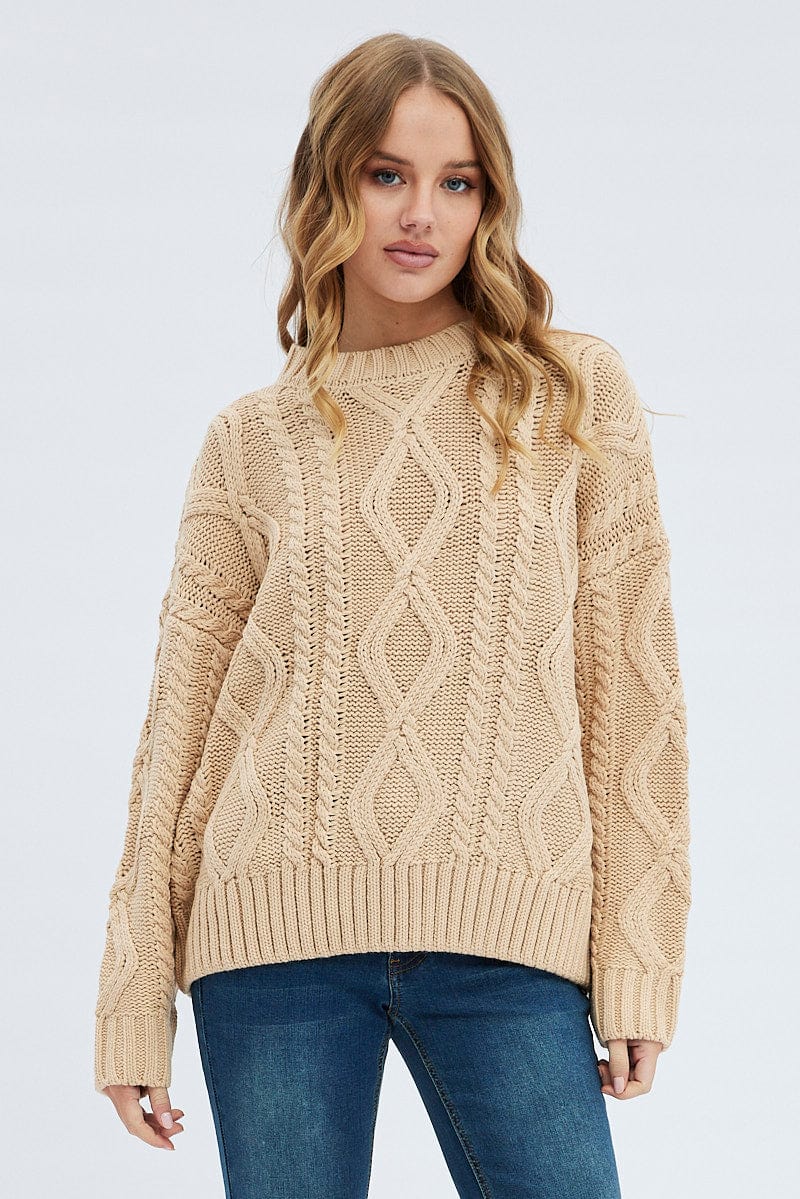 Camel Oversized Knit Long Sleeve Cable for Ally Fashion