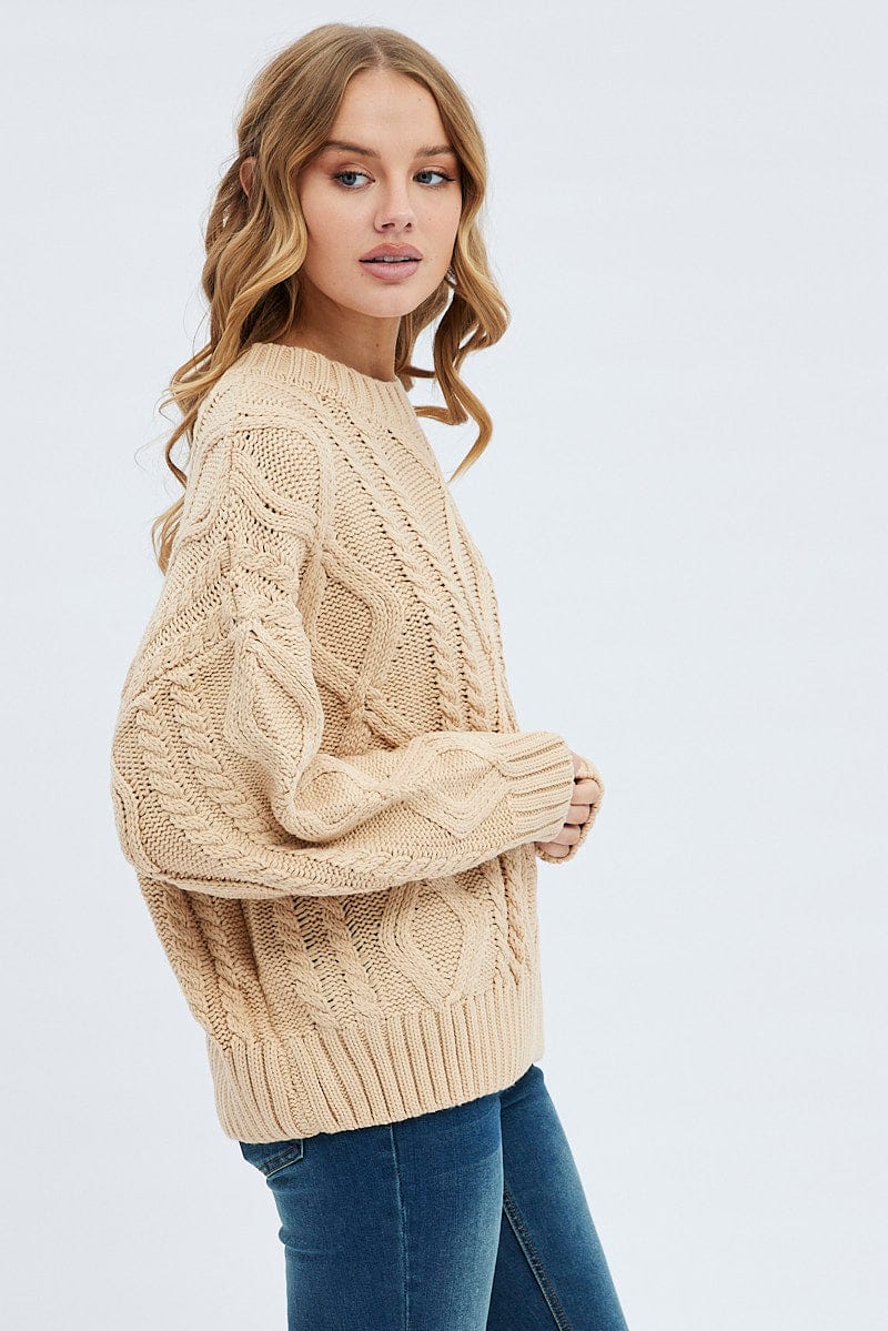 Camel Oversized Knit Long Sleeve Cable for Ally Fashion