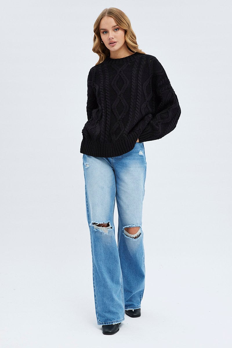 Black Oversized Knit Long Sleeve Cable for Ally Fashion