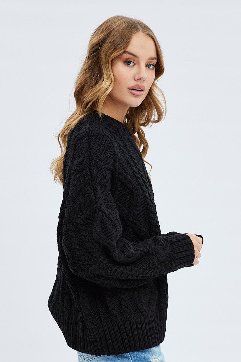 Black Oversized Knit Long Sleeve Cable for Ally Fashion