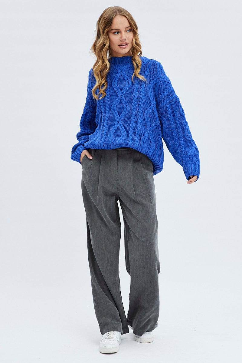 Blue Oversized Knit Long Sleeve Cable for Ally Fashion