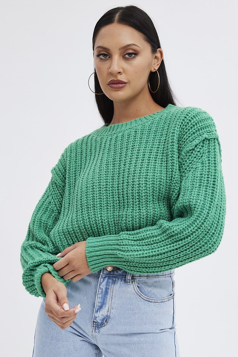 Green Knit Top Round Neck Long Sleeve Crop | Ally Fashion