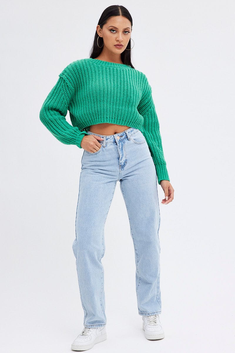 Green Knit Top Round Neck Long Sleeve Crop for Ally Fashion