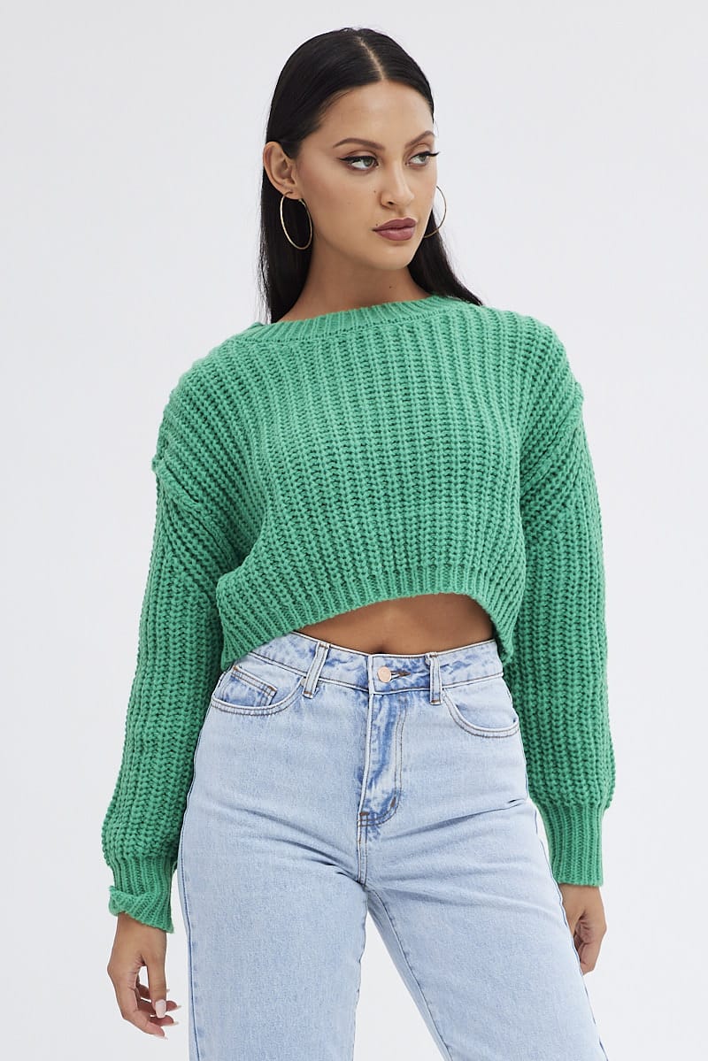 Green Knit Top Round Neck Long Sleeve Crop for Ally Fashion